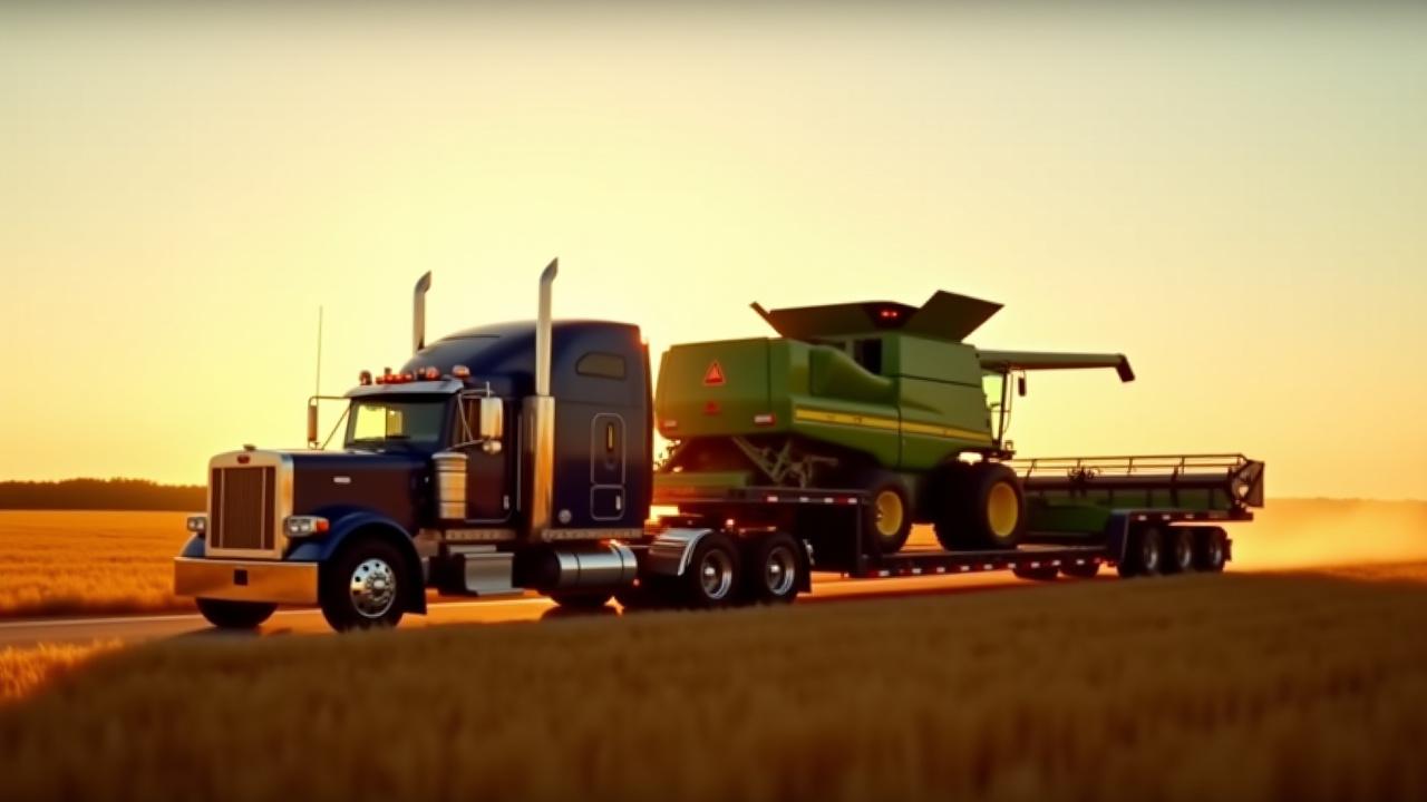 KTB Trucking hauling a large combine harvester across a Missouri rural landscape