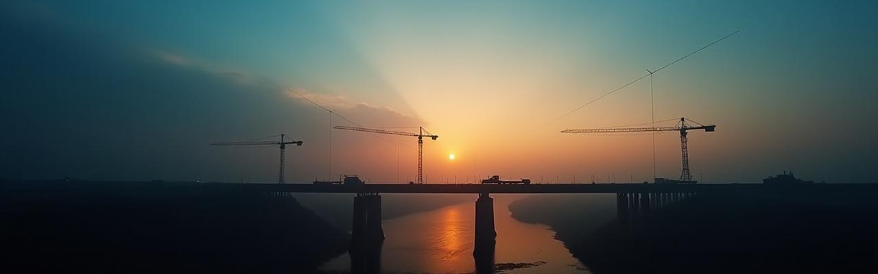 Active road construction site at dawn with heavy equipment