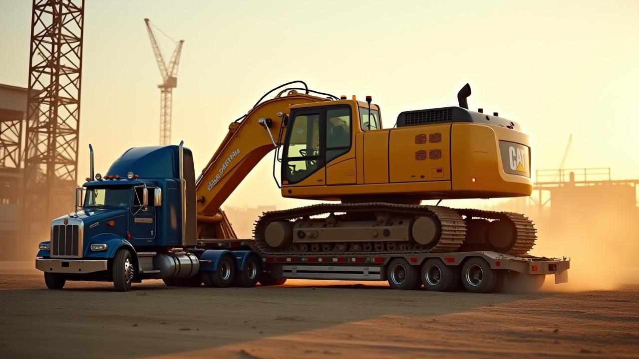 Large technical excavator being secured on a KTB lowboy trailer at a Missouri construction site