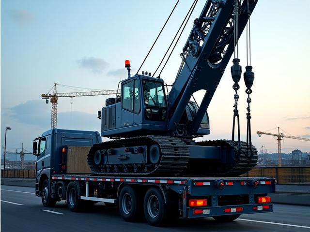 Construction crane being loaded on a trailer