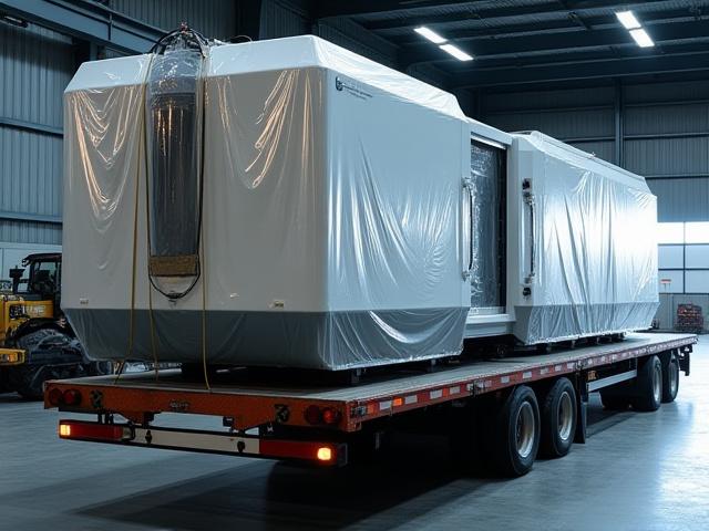 Industrial manufacturing unit secured on a flatbed