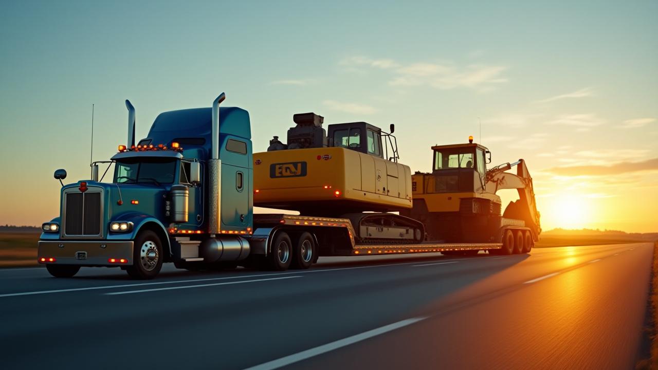 Large yellow excavator secured on a KTB lowboy trailer for transport