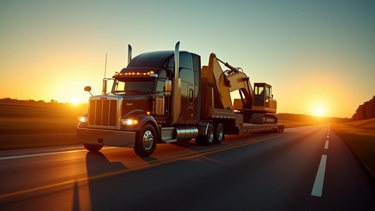 KTB Trucking heavy haul rig transporting industrial machinery at sunset