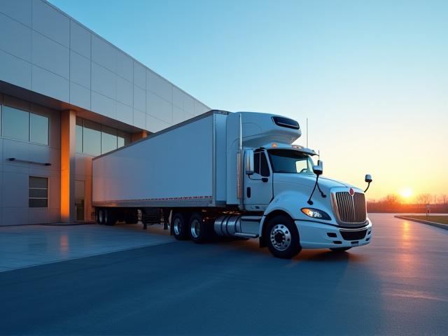Modern KTB refrigerated truck parked at a high-tech pharmaceutical facility