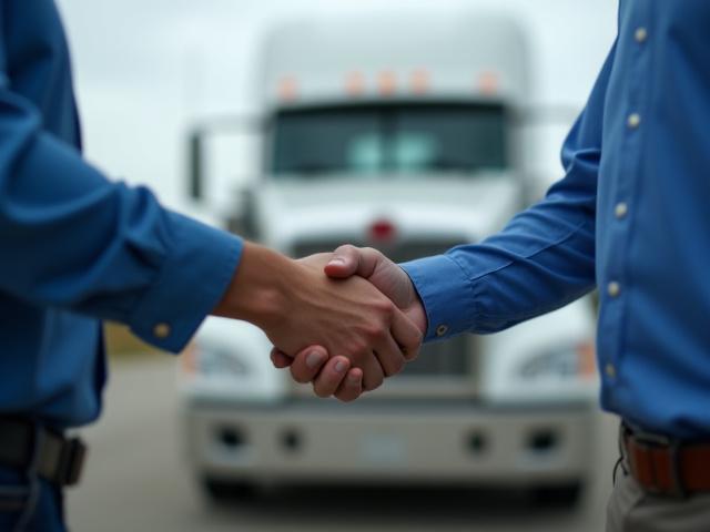 Business partners shaking hands in front of a white KTB Trucking 53-foot dry van