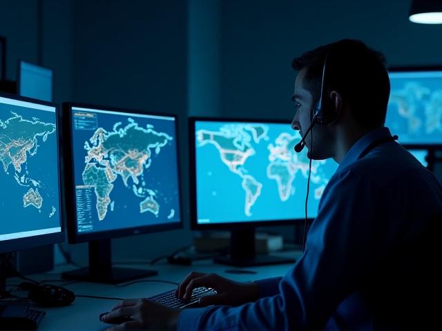 Logistics dispatcher at KTB Trucking monitoring multiple screens with freight routes